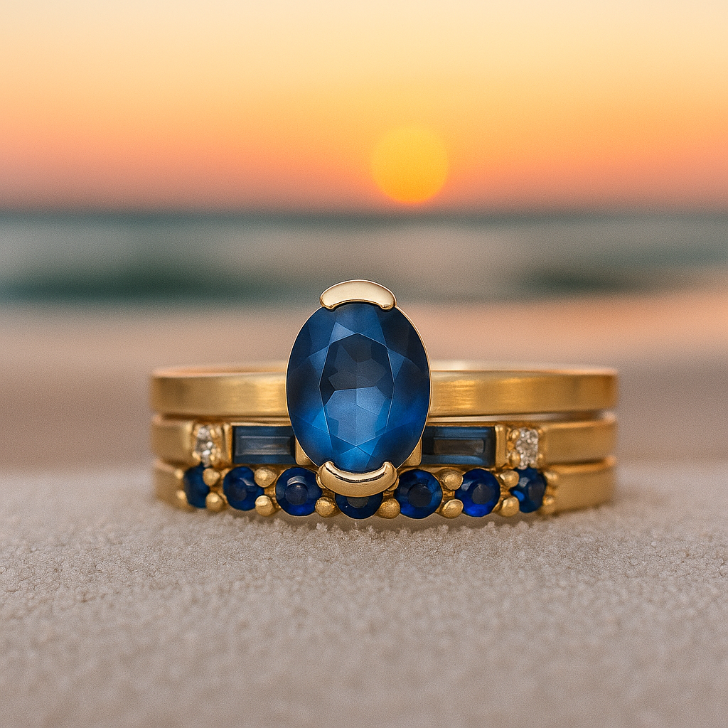 Oceano Dorato – Anello artigianale con pietra blu e finitura dorata