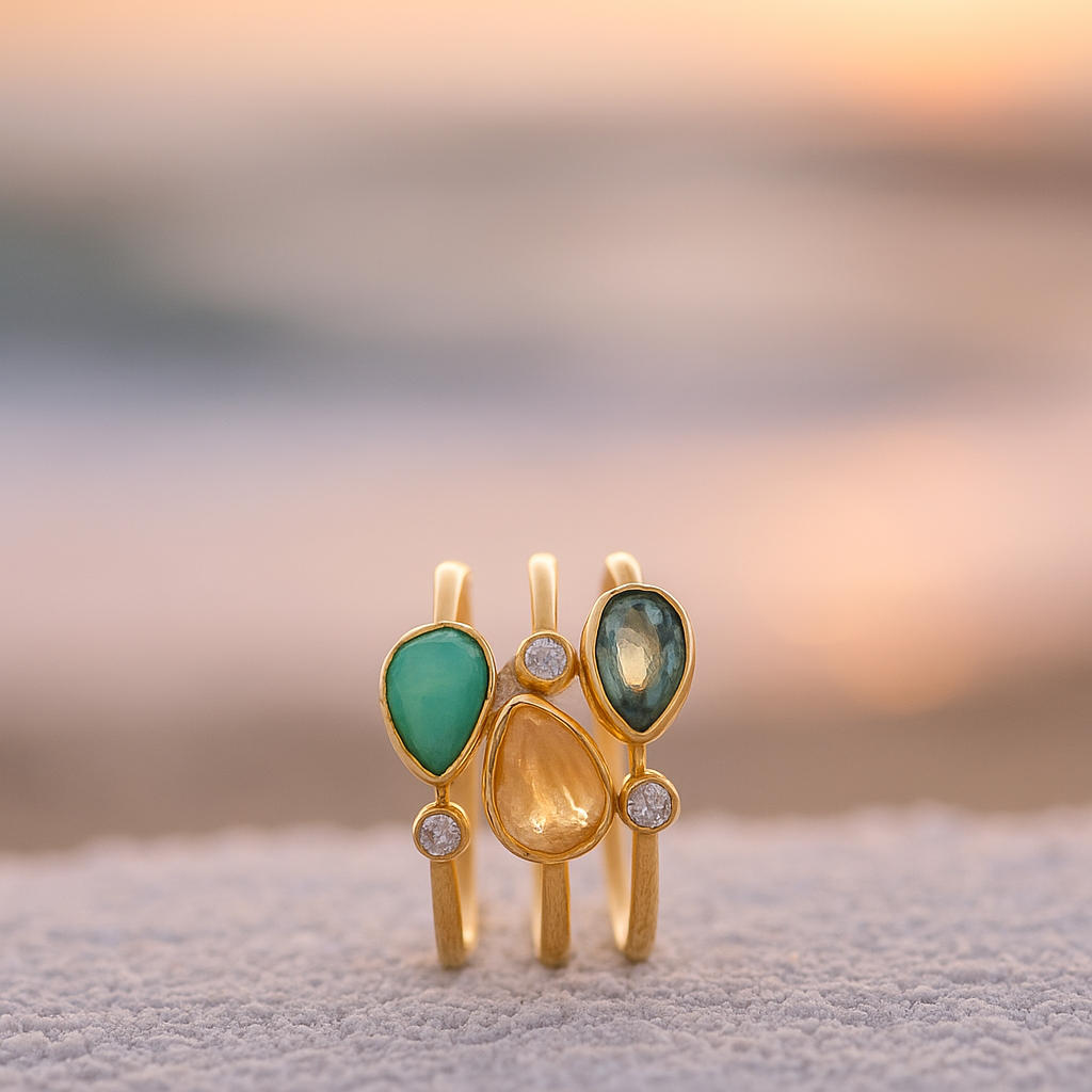 Tris di Onde – Anello in ottone dorato con zirconi colorati