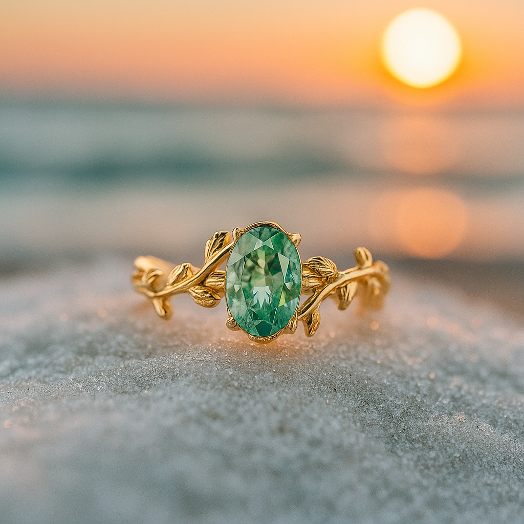 Vento di Smeraldo – Anello dorato con agata verde e motivo fogliare