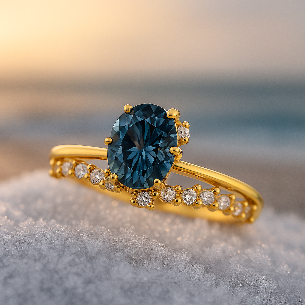 Stella di Marea – Anello dorato con cristallo blu e zirconi
