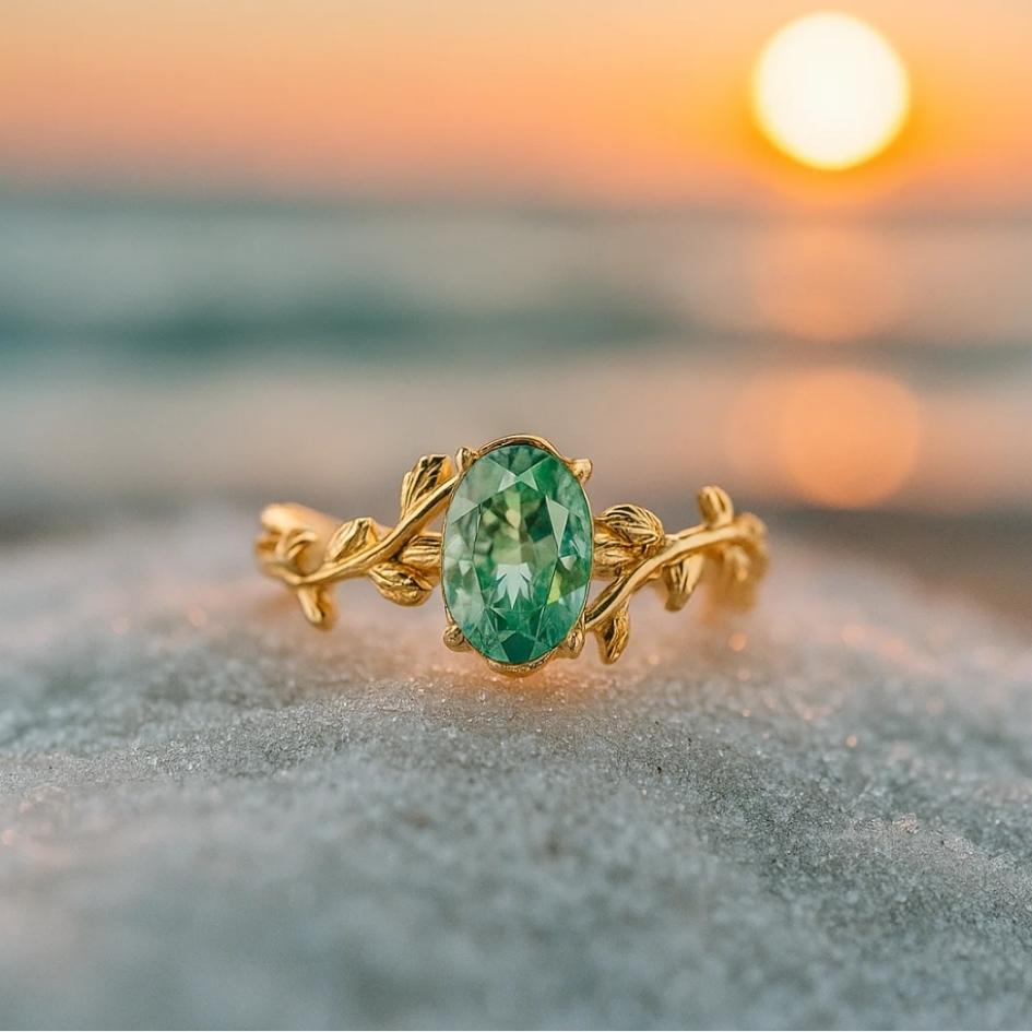 Vento di Smeraldo – Anello dorato con agata verde e motivo fogliare
